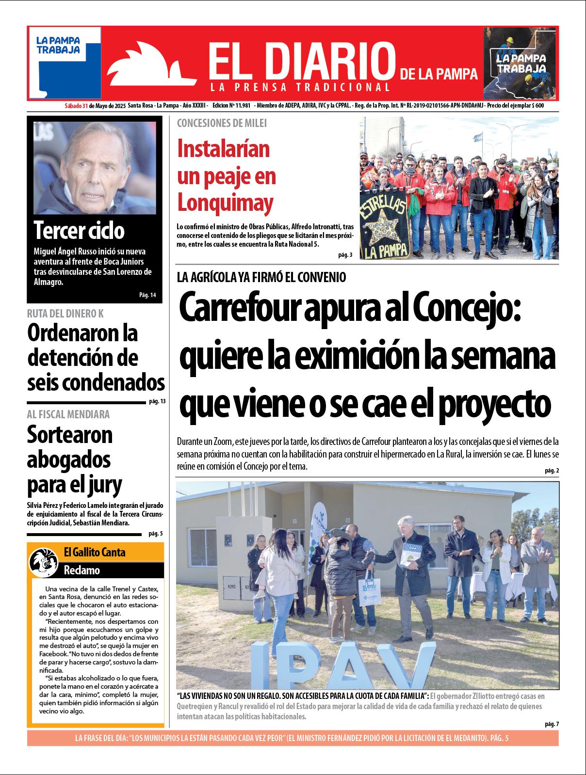 Tapa de El Diario en papel  saacutebado 31 de mayo de 2025